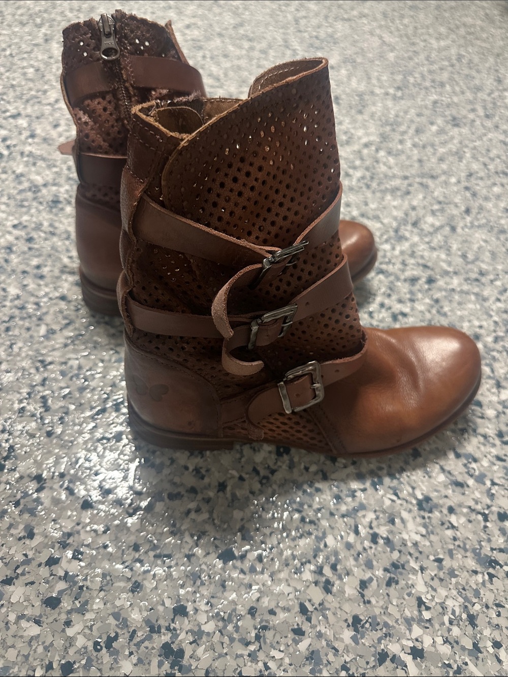 Perforated Brown Leather Lace-Up Ankle Boots with Buckle Straps